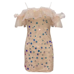 Бюстгальтер с рюшами на бретелях, короткий рукав, блестки, розовое ТРАПЕЦИЕВИДНОЕ короткое платье, милое платье