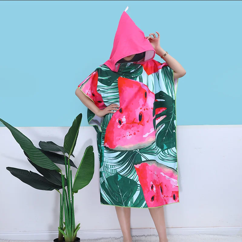 Custom Microfiber printed adults hooded towel surf poncho changing robe swimming pool change beach surf poncho towel