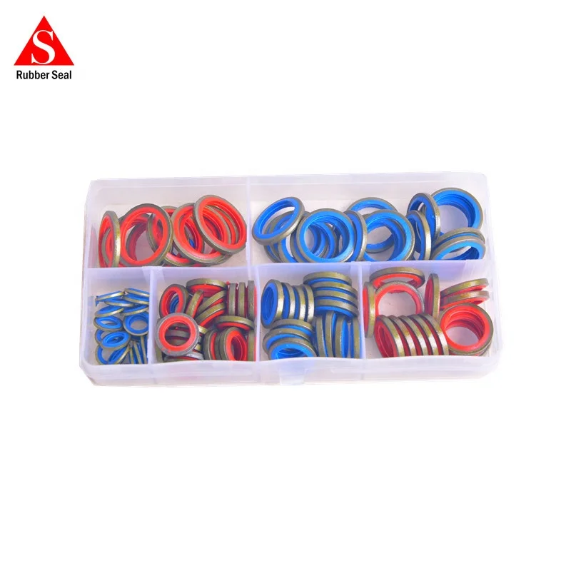 M6-M16 100pcs spec bonded oil washer seal kits black NBR zinc metal compound washer assortment kit with box