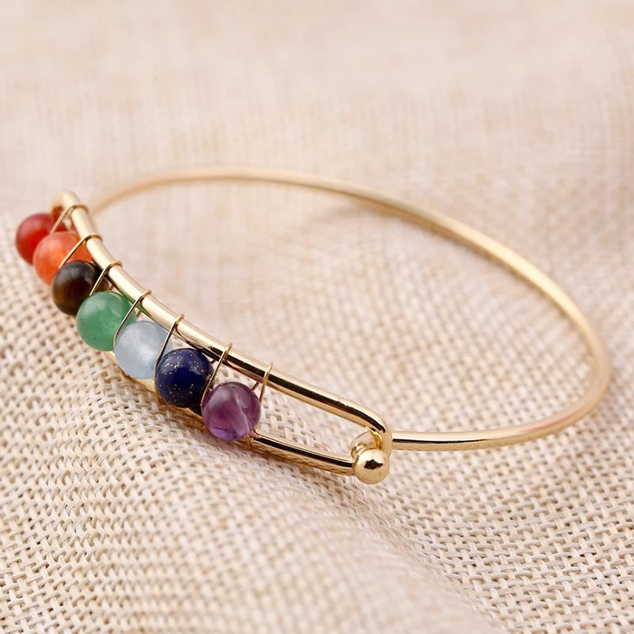 fashion gold metal natural chakra stone gemstone bead wire wrap bracelets