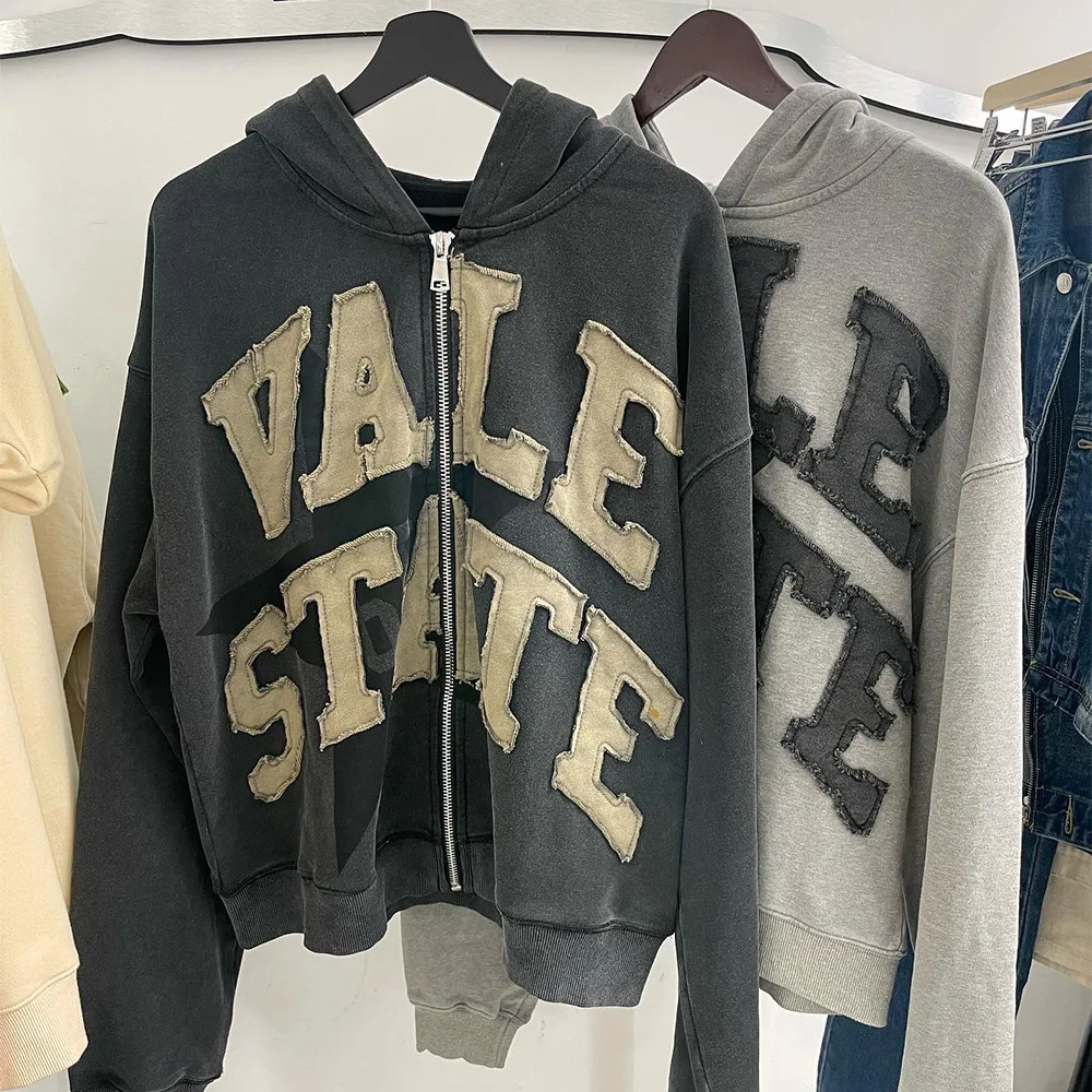 Custom hoodie Heavyweight Thick Fabric Vintage Embroidery Patch Acid Wash Zip Up Hoodie For Men