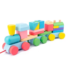 Montessori Wooden Train Truck Blocks Educational Learning Toys Geometric Children Kids Building Bricks Gift