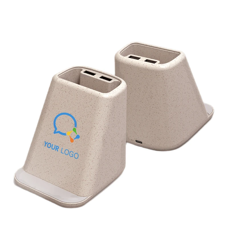 Promotional Desktop Pen holder Phone wireless charger holder Wheat Straw Pencil cup with USB ports