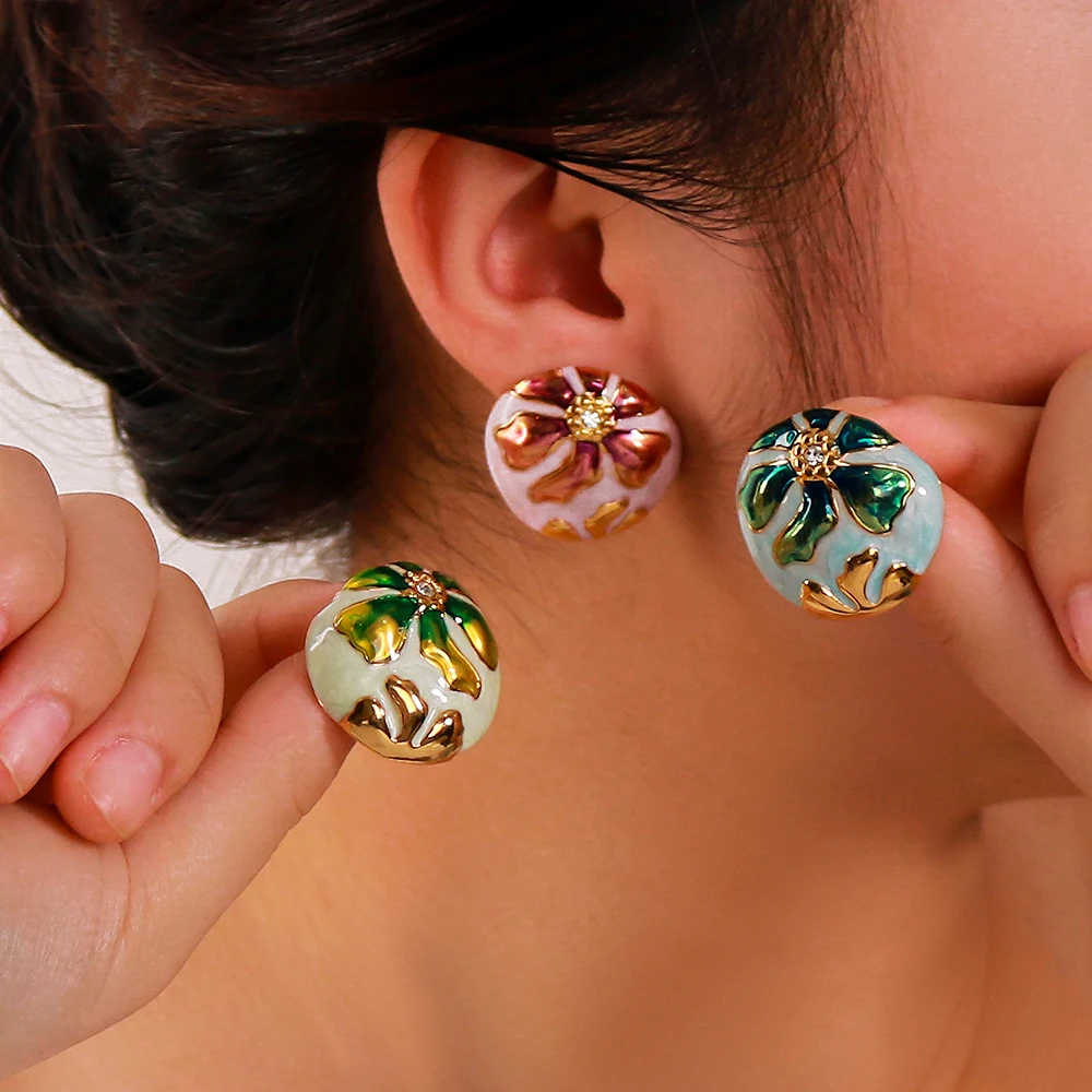 2024 Best Selling Colored Oil Drop Glaze Insect Butterfly Flower Shape Stainless Steel Asymmetric Earrings