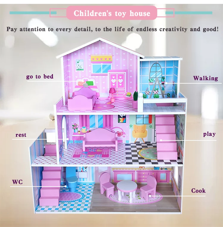 WEIFU New Real Wood kids birthday gift cheap furniture toy miniature dollhouse for Little Girls 5 Year Olds