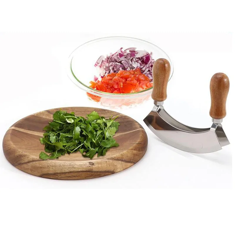Modern Double Blade Chopping Knife Pizza Cutter Rocker Knife Mezzaluna Wood Cutting Board Knife and Round Cutting Board