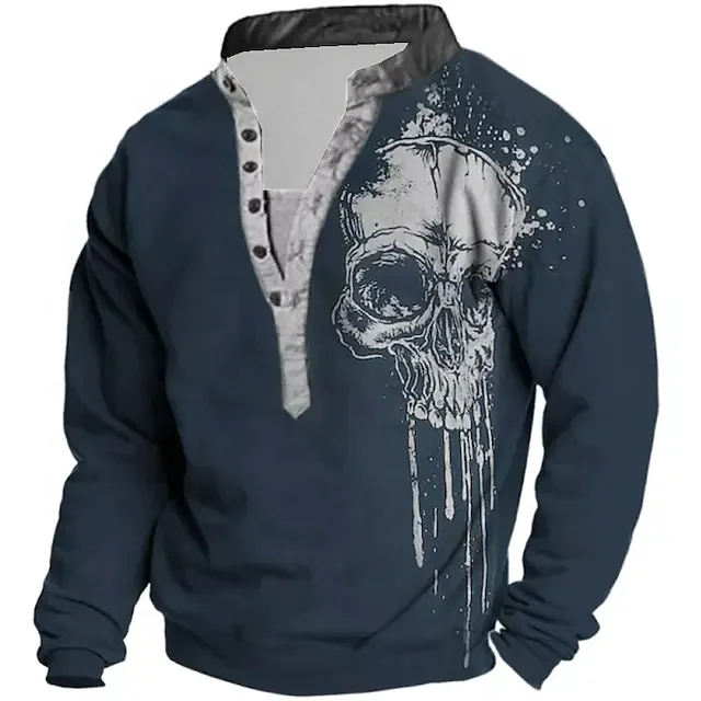 Wholesale Skull Graphic Prints V Neck Henley Sweatshirt Plus Size Button Up Jerseys Gym Fitness Durable Sport Sweater For Men