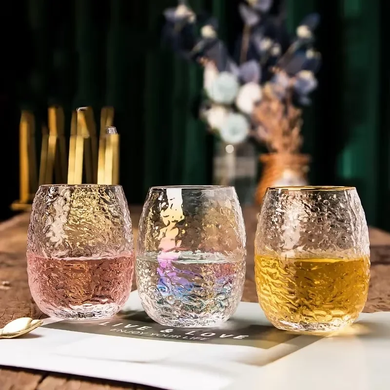 Hammer Patterned Gold Rimmed High quality crystal egg shaped lead-free glass cups whiskey glass wine glass