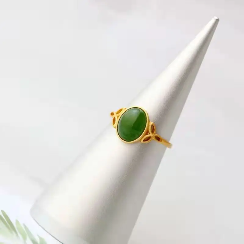 Wholesale Chinese Style Imitation Hetian Jade Green Jasper Electroplated Gold Ring Chinese Style Agate Jade Hotan Jade Open Ring