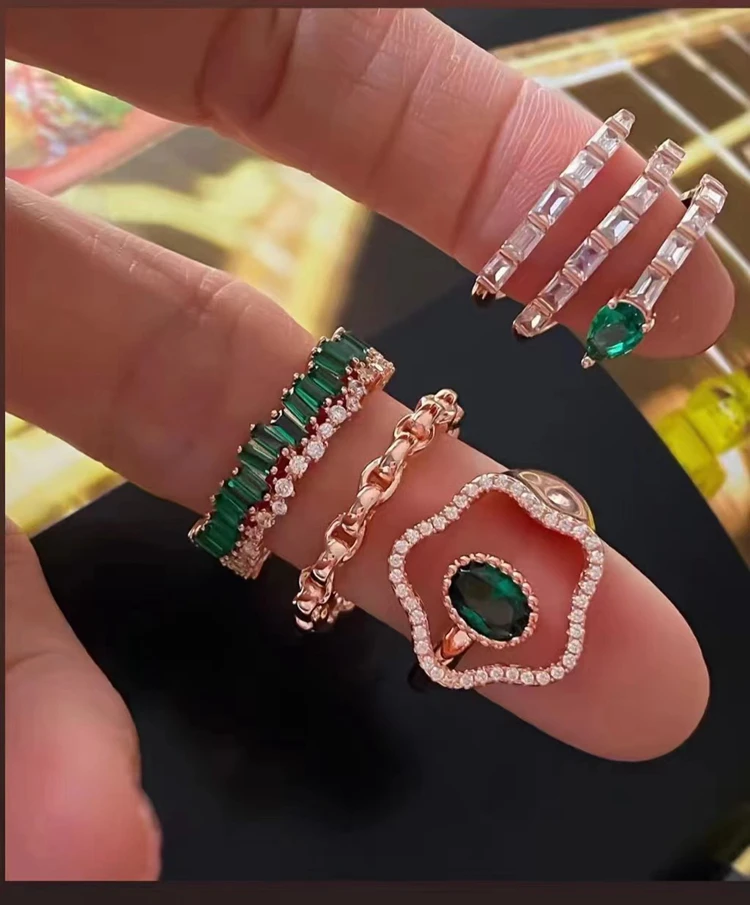 Dainty rainbow rhinestone gold plated stone pave flower design finger rings geometrical shape hand rings for women