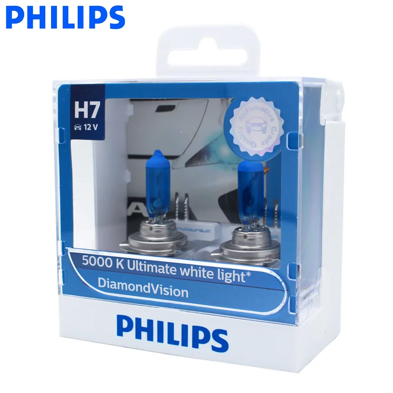 Philips Diamond Vision H7 12V 55W PX26d 12972DVS2 5000K Cool White Light Car Halogen Headlight Hi/lo Beam Auto Lamps (Twin Pack)