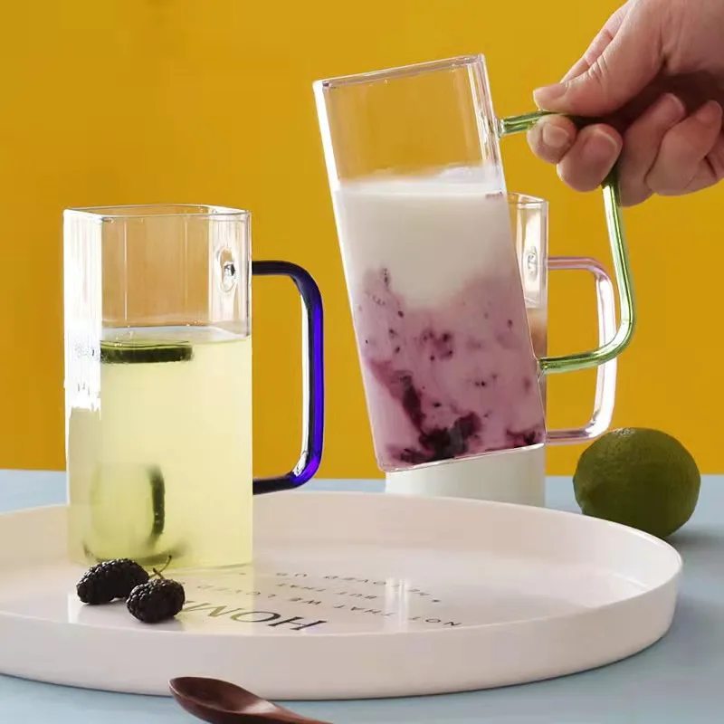 380ml Square High-quality borosilicate 6 colored beer glass cup with color handle single wall glass for milk juice beer