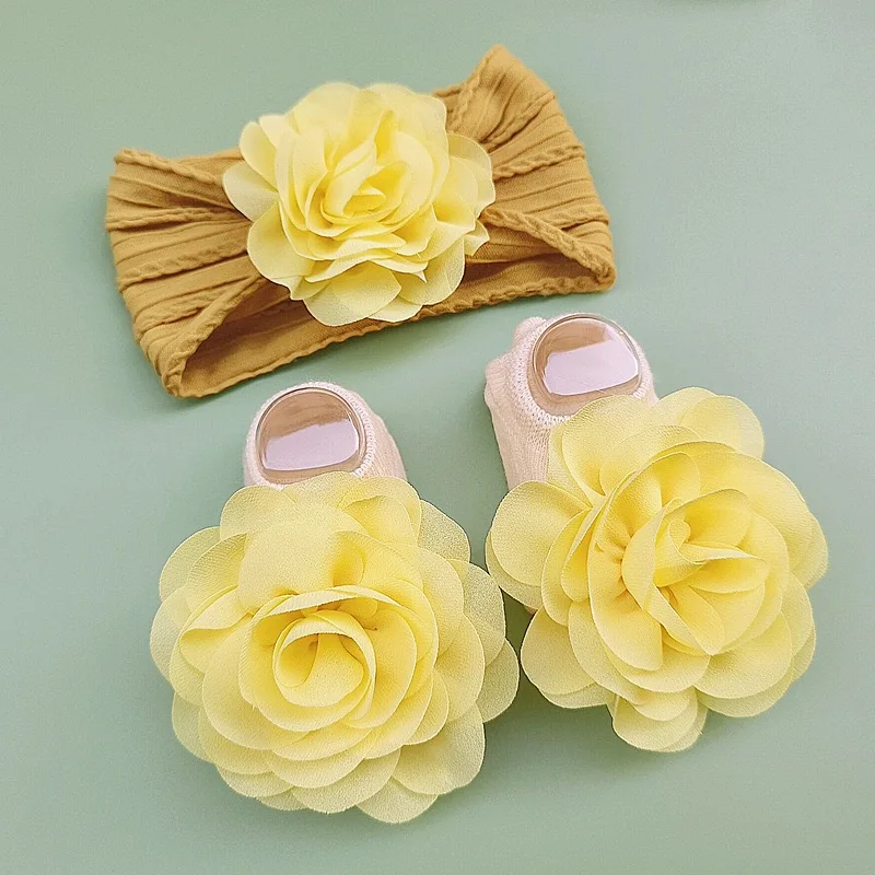 Sweet Baby Gift Solid Color Elastic Nylon Newborn Kids Baby Girl Infant Pink Big Bow Cotton Socks And Chiffon Headband Set