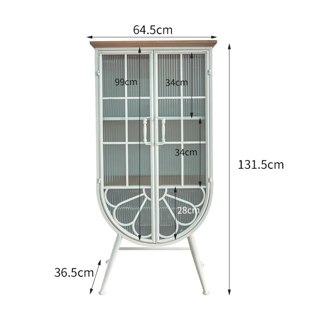 INNOVA New arrivals france rustic large arched white glass door wood top iron metal storage cabinet with legs