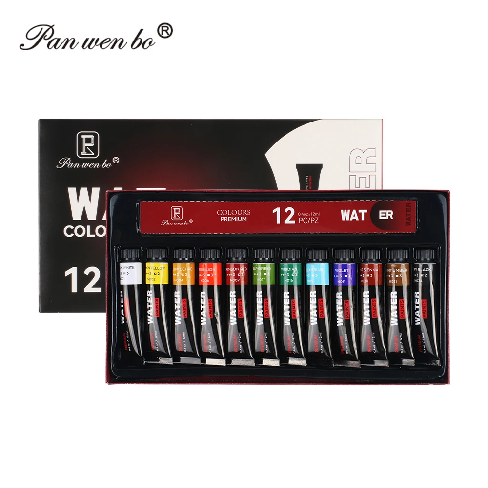 Panwenbo Wholesale Colors Cheap Watercolor Paint Set 12ml Artist Watercolor Paint Tube12 Kids Watercolor Paint