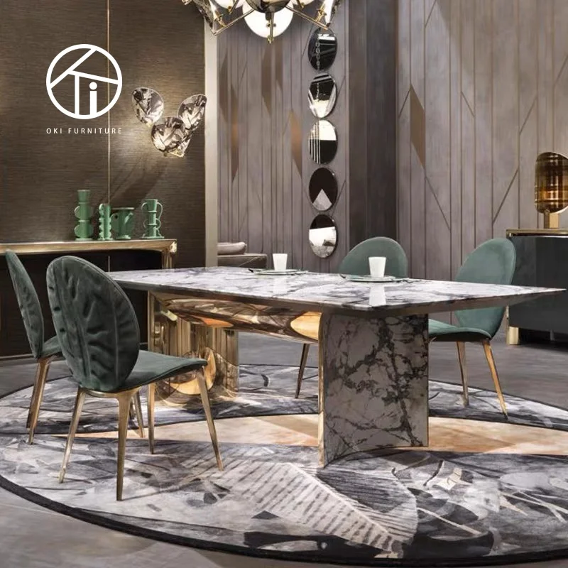 Italian Hight quality  rectangle modern dinning tables 6 chairs furniture dining room marble metal luxury dining table set