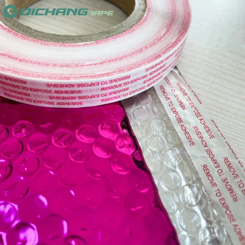 Pre-order bio-degradable glassine paper film permanent bag sealing tape red classic printed custom width for bubble bags