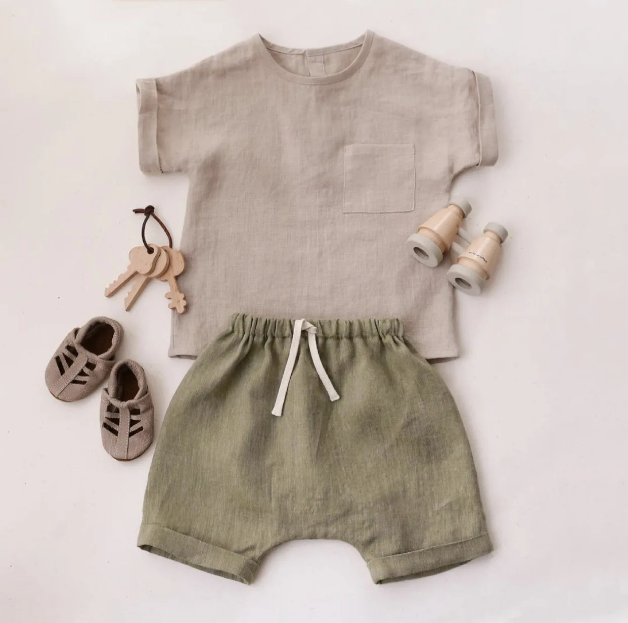 Cotton Linen Pocket Top Shorts Two Piece Baby Boys Clothes Set Summer Suit Boys Clothes