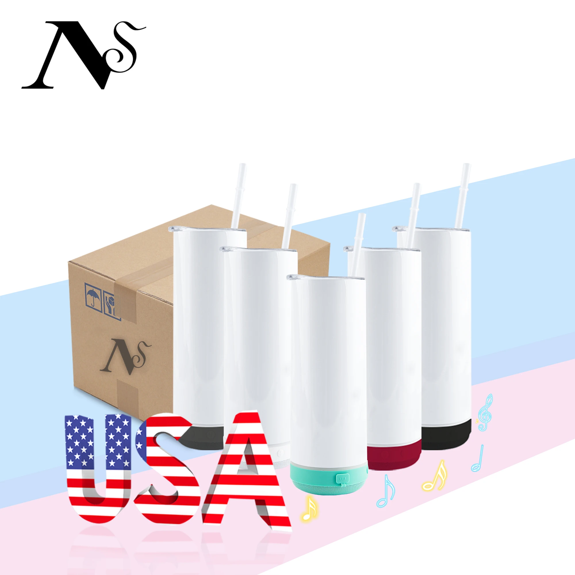 USA warehouse free ship Straight White Sublimation Blank Usb Led Light Wireless Speaker Water Cup Skinny Tumbler
