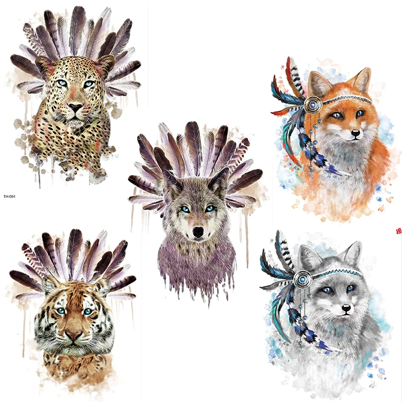 Оптовая продажа полурука акварель временная татуировка наклейка животное с индейцами Америка головной убор наклейки тигр нога спина