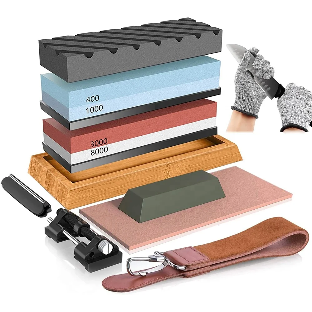 TOALLWIN 400/1000/3000/8000 kitchen knife sharpener knife sharpening stone kit whetstone knife sharpener set with bamboo base