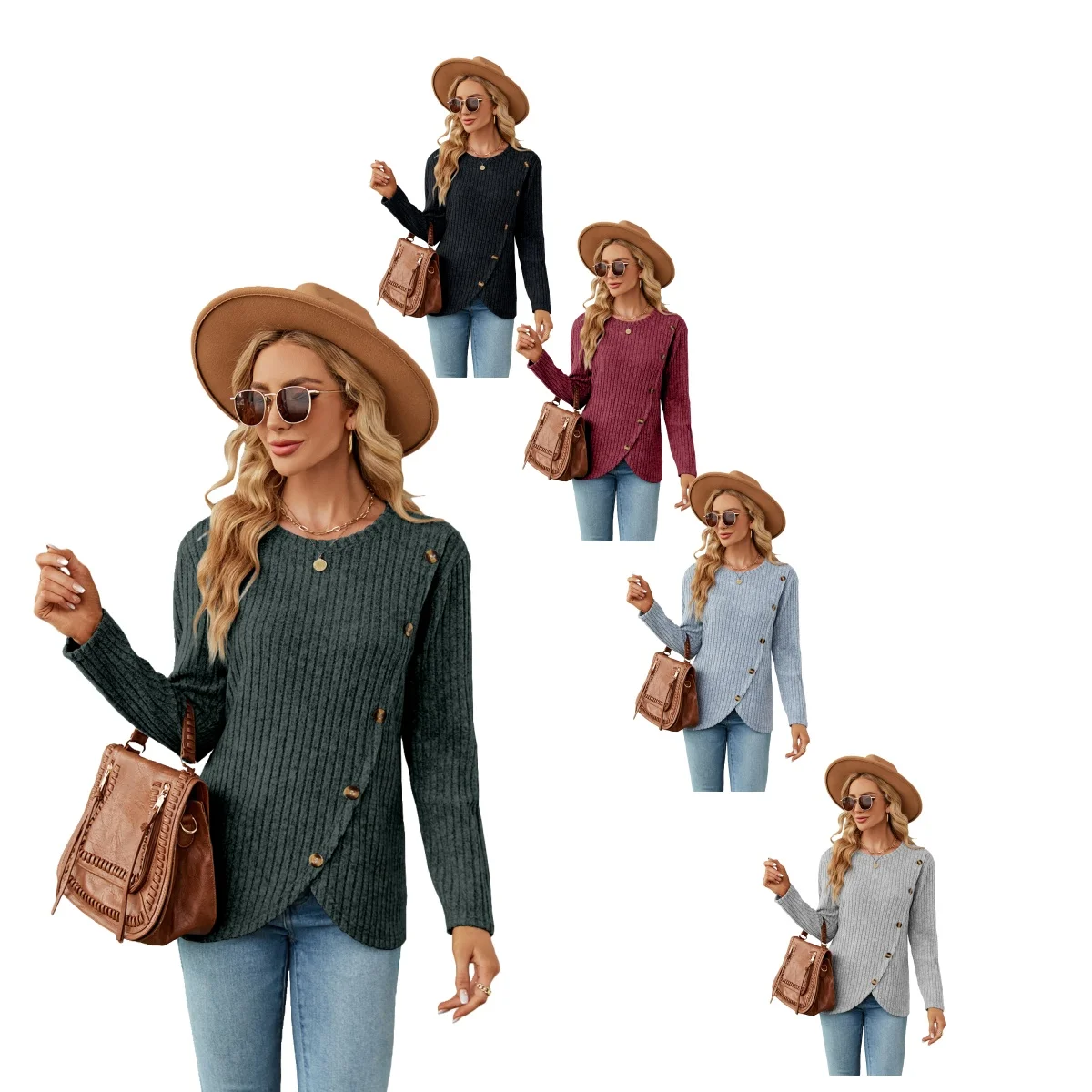 Осенняя женская футболка оптовая продажа высококачественные однотонные светло-синие хлопковые рубашки с длинным рукавом женские топы на пуговицах футболки