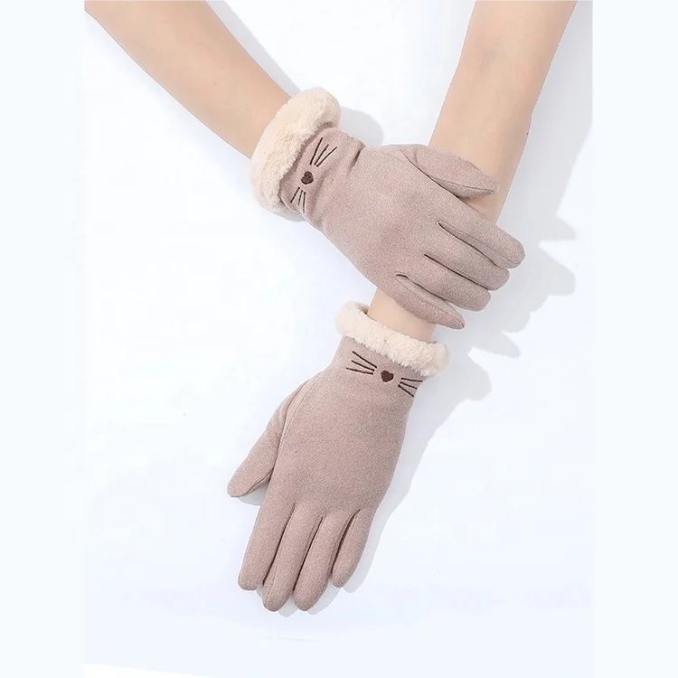 Customize Khaki Thicken Plush Lining Cute Print Soft Women Winter Warm Gloves For Outdoor Activities