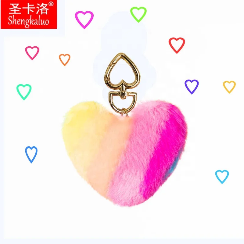 Оптовая продажа, цветной персонализируемый плюшевый материал, в форме сердца, персикового сердца, проверенный брелок с меховым шариком