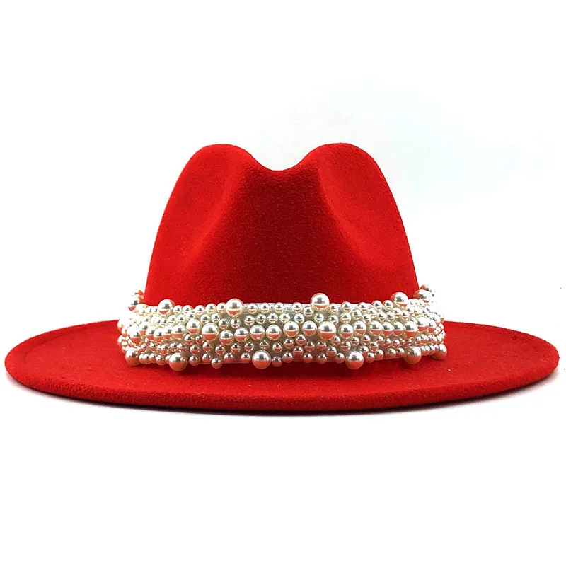 Fedora Hats Women Wide Brim Hat Wool Large Pearl Fashion Fedora Hats
