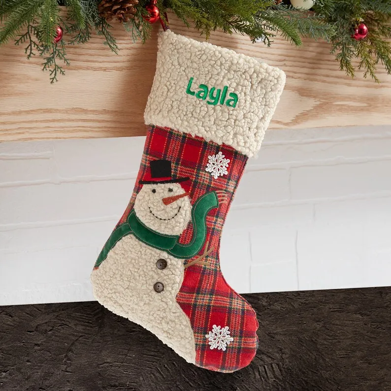 Penguin Cheerful Holiday Personalized Embroidery Winter Linen Cuff Plaid Christmas Decorative Stockings