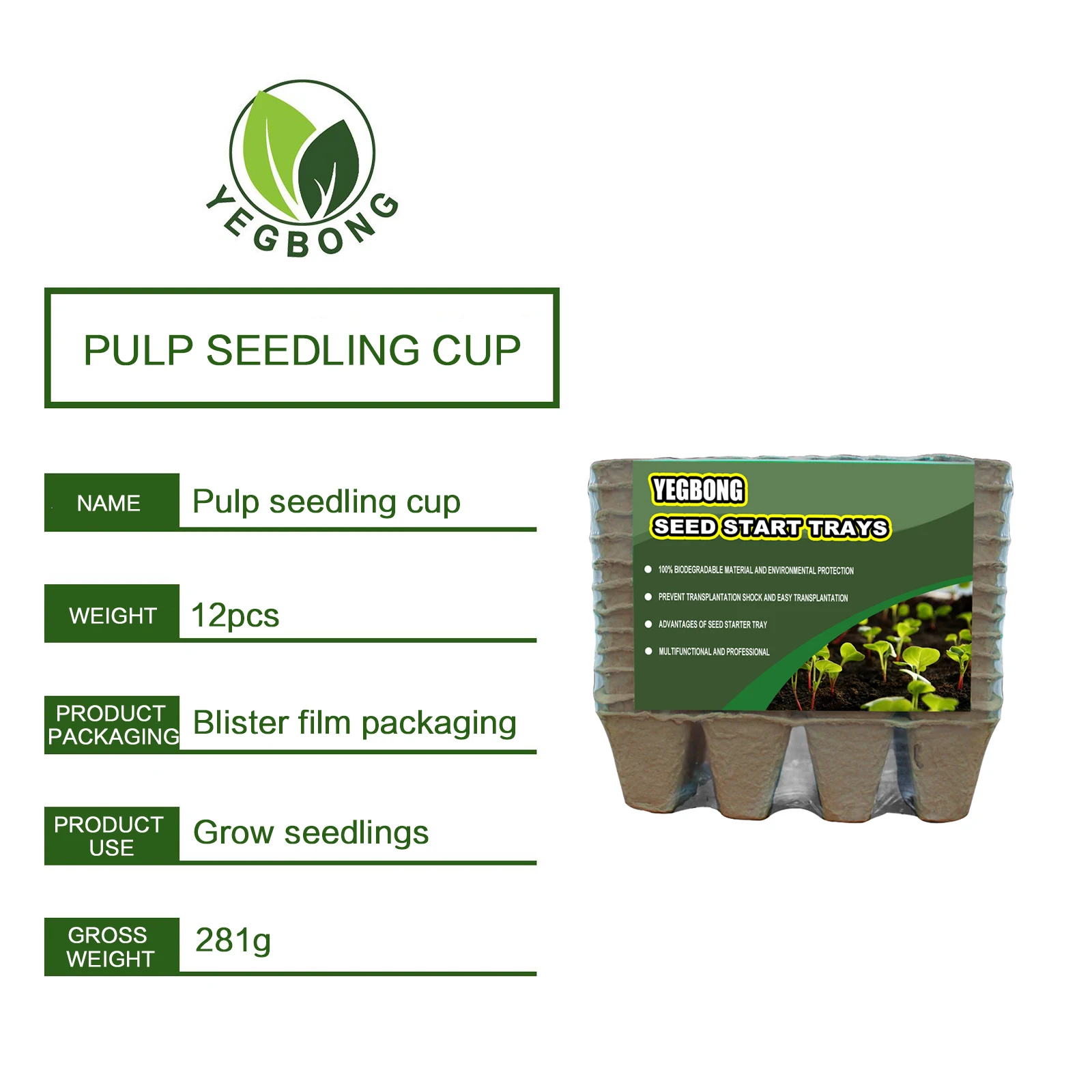 YEGBONG OEM&ODM Seedling Starter Tray Plant Germination Box Seed Nursery Cup Organic Biodegradable Pot Seed Tray Planting Tools
