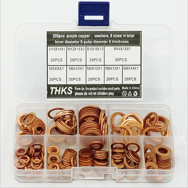 200 Pcs Flat Ring Copper Washer Kit 9 Size Types