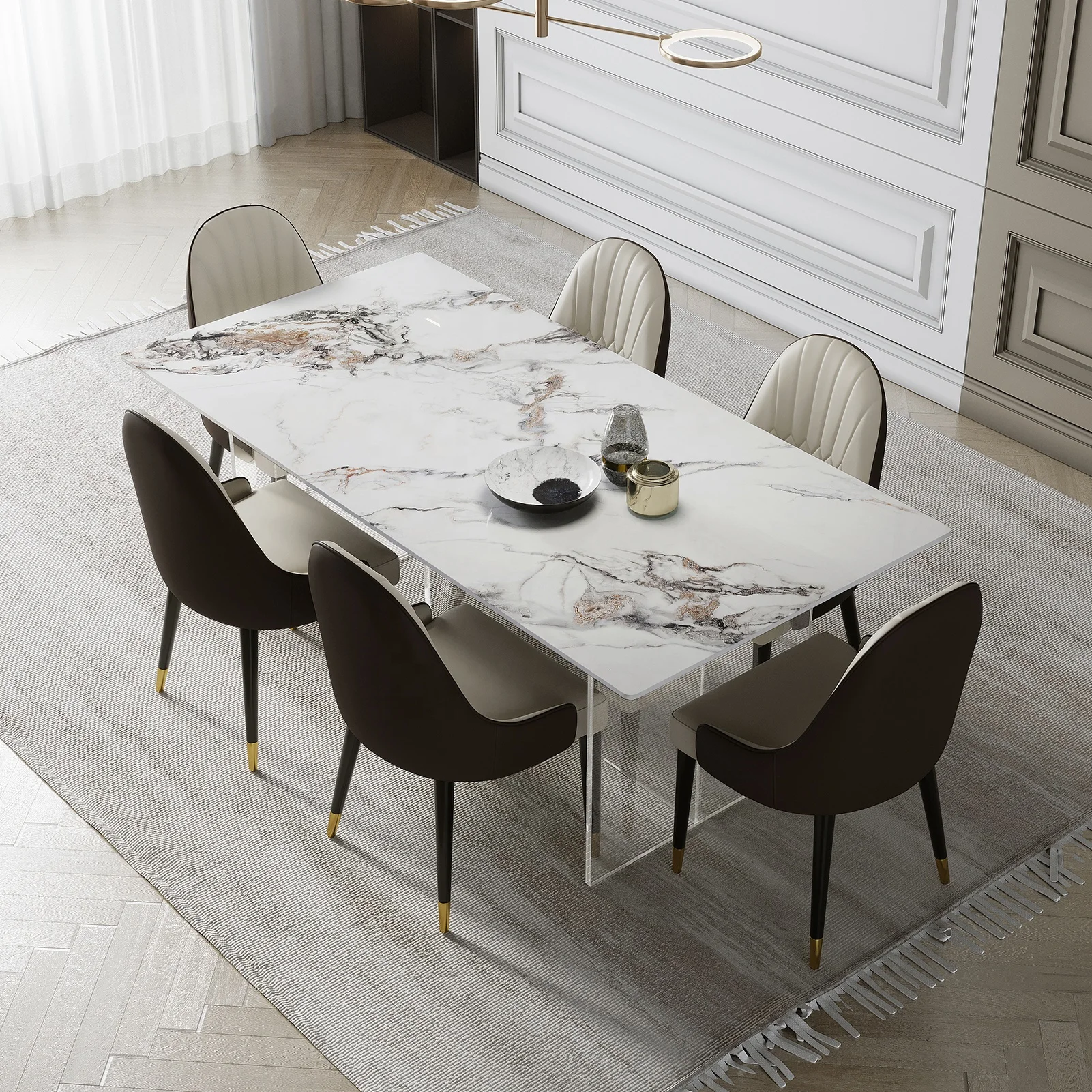 Modern simple luxury restaurant art furniture 4 or 6 people family dining table rectangular stone acrylic table