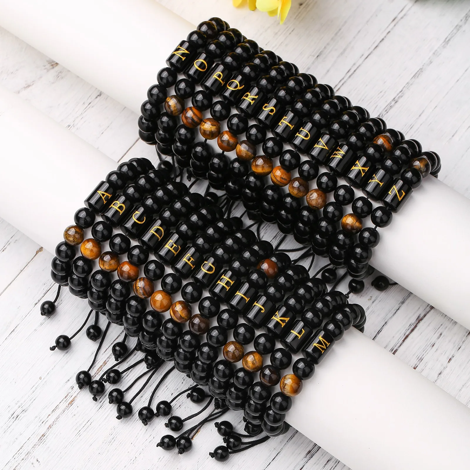 Custom Name A-Z letter Black Agate Man Bracelet Natural Crystal Healing Meditation Stacked Adjustable Friendship Bracelets Women