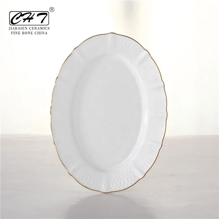 Luxury european royal dinnerware plate elegant gold rim bone china catering oval serving plates