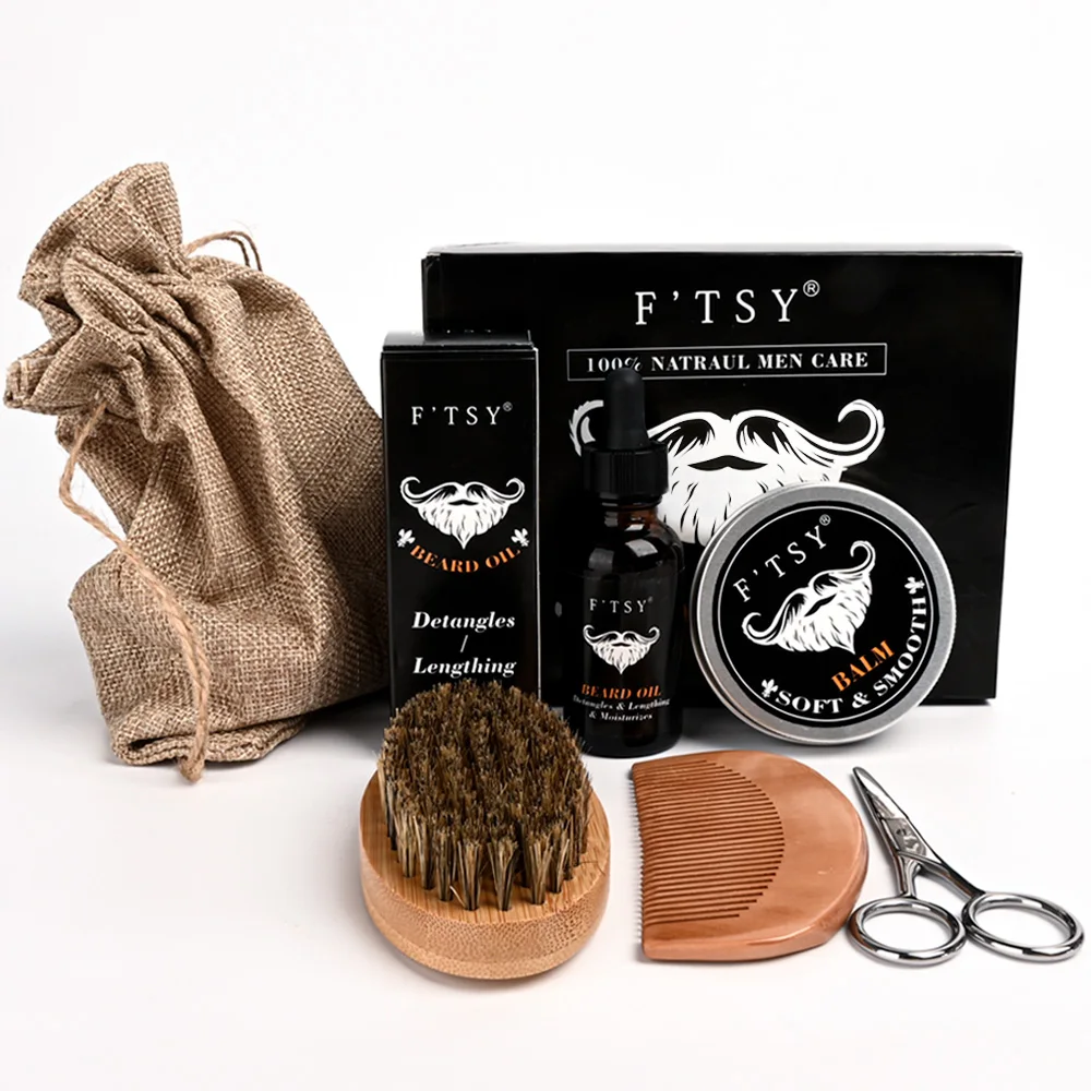 Private Label Custom LOGO Unscented Beard Oil Kit Growth Oil Balm Scissors Comb Brush For Men 4 In 1