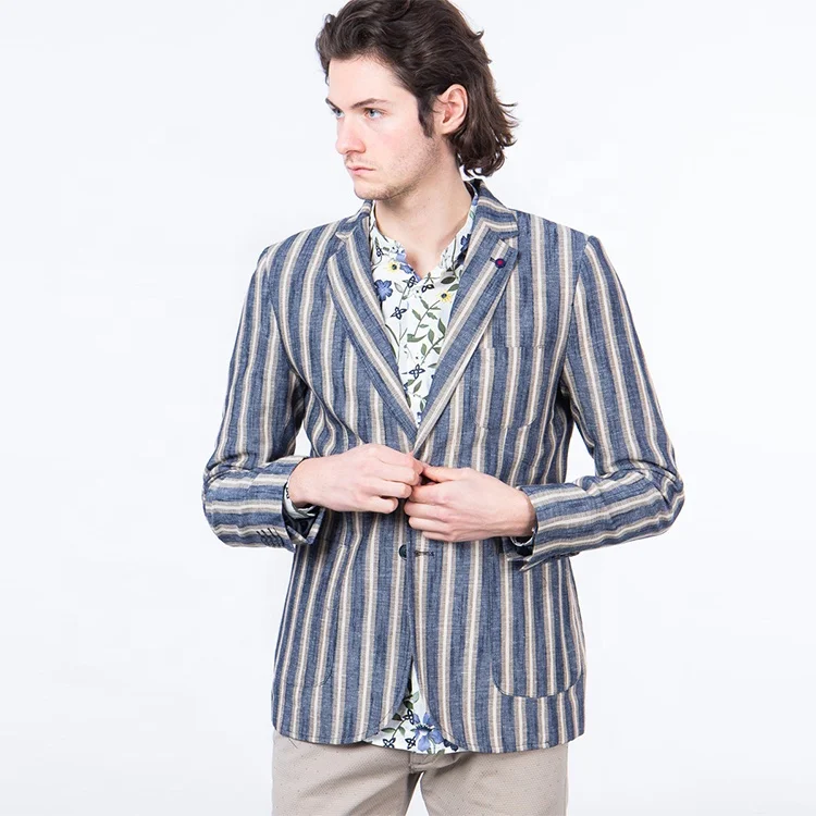 
OEM mens suit blazer jacket color block strip cotton linen striped suit casual blazers for men 