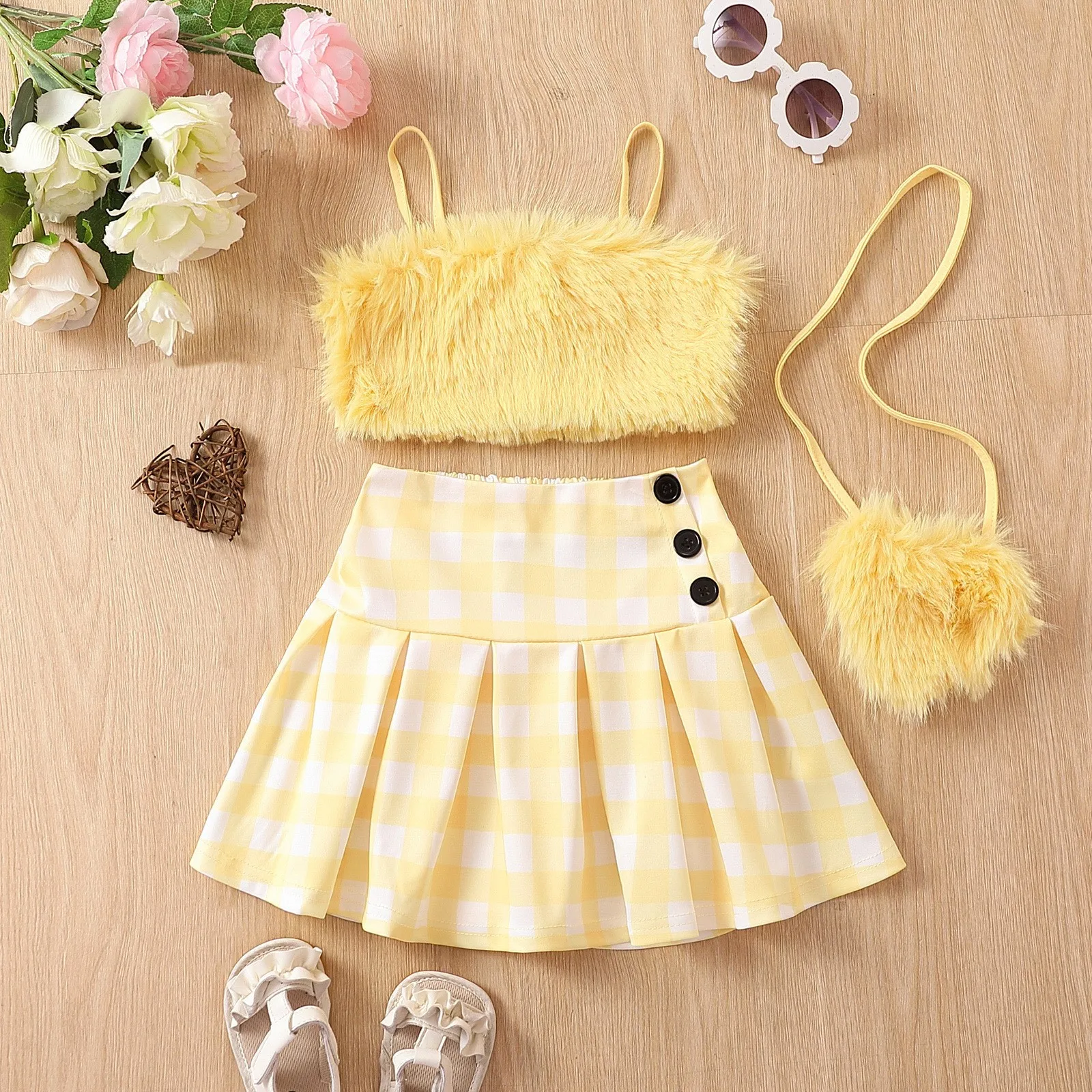 Baby Girls Clothes Furry Straps Top Matching Plaid Skirt Suit 3 pcs Toddler Clothes Sets with Bag