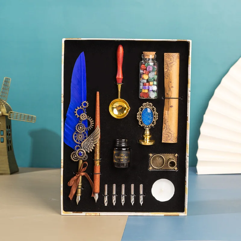 Factory Calligraphy Feather Seal Wax Pen Set Natural Writing Fountain Pen Stamp Set Antique Mechanical Punk Design Ink Business