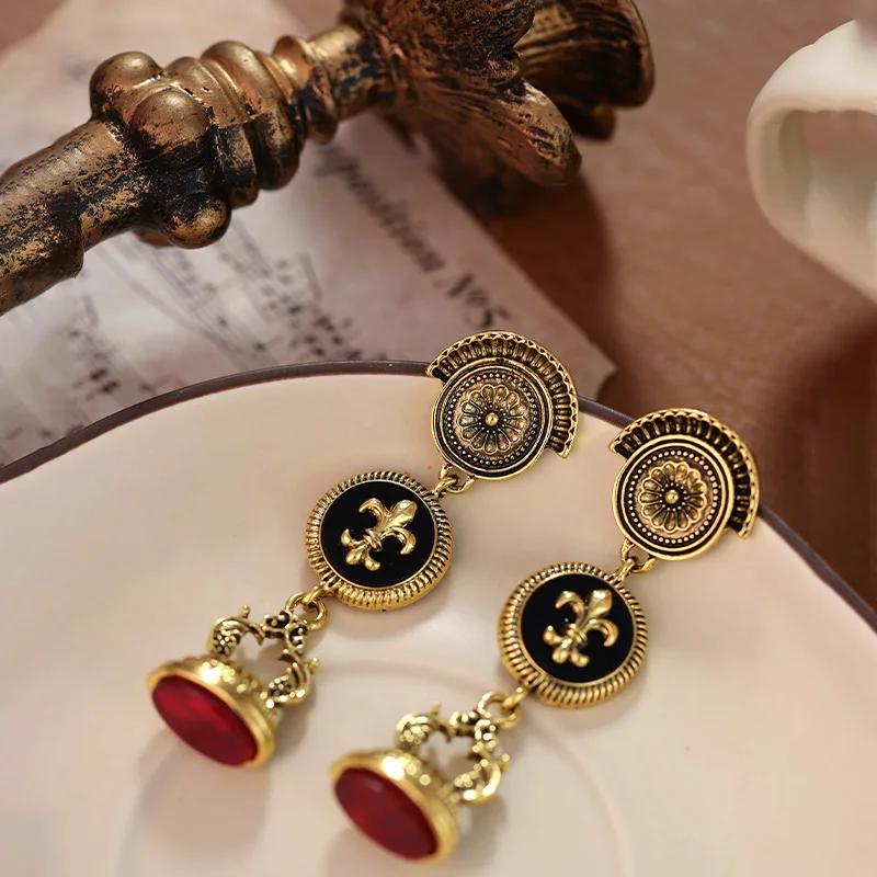 Unique Vintage Antique Red Gemstone Elaborate Long Earrings Gold Wax Seal Design Chandelier Earrings for Women