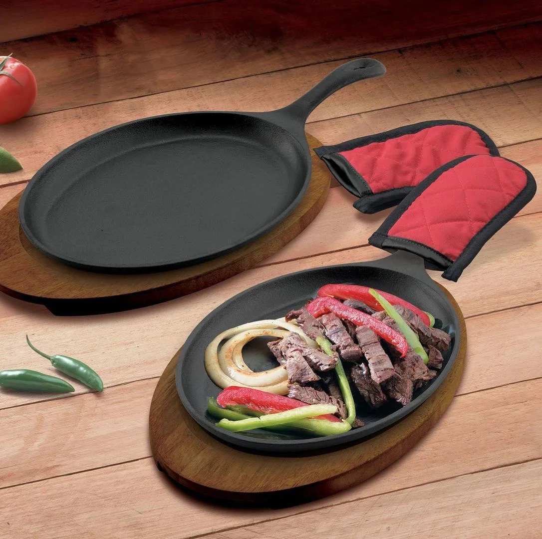 Custom size shape black cast iron sizzling hot bbq grill dinner plate frying pan skillet steak plate sizzle platter