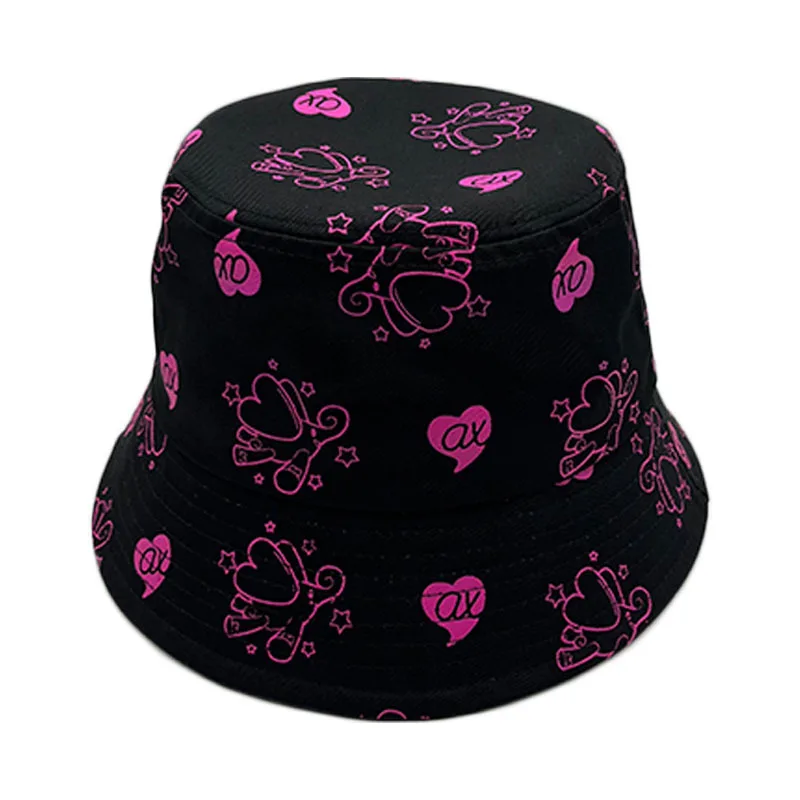 Custom Logo Reversible Unisex Cotton Brim Unique Cartoon Floral Graffiti Print Bucket Hat