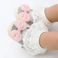 Fancy Infant Ribbon Bow Striped Baby Fabric Toddler Girl Dress Shoes