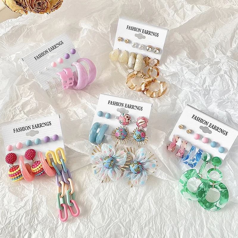 Various Designs Candy Color Flower Fabric Earrings Sets For Party Acrylic Fashion Jewelry Women Earrings Set