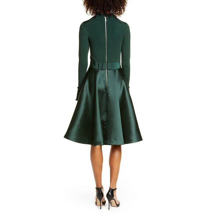 
Custom wholesale dress female long sleeve bow casual skirt green lady elegant evening dress 