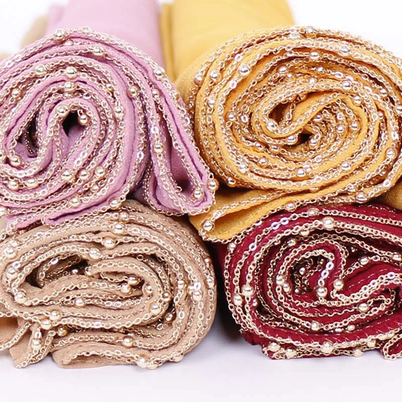Hot Selling Pearl Chiffon Hijab Pure Color Muslim Hijab Gold Plated Chain Fringed Edge Hijab
