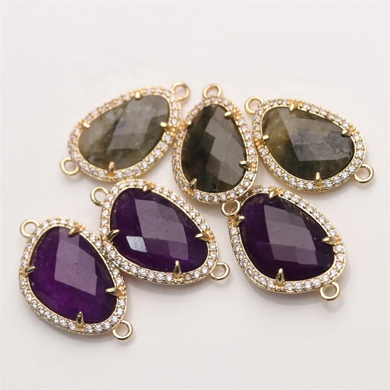 Fashion New Design Edge Pave Zircon Jewelry Lapis Lazuli Amethyst Stone Drop Connector DIY Necklace for Women