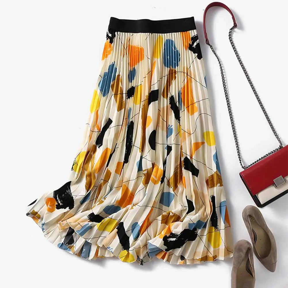 Korean Elastic Waist Printed Summer Skirt VD3099 Elegant High Waisted Women Pleated Long Midi Skirts in Black