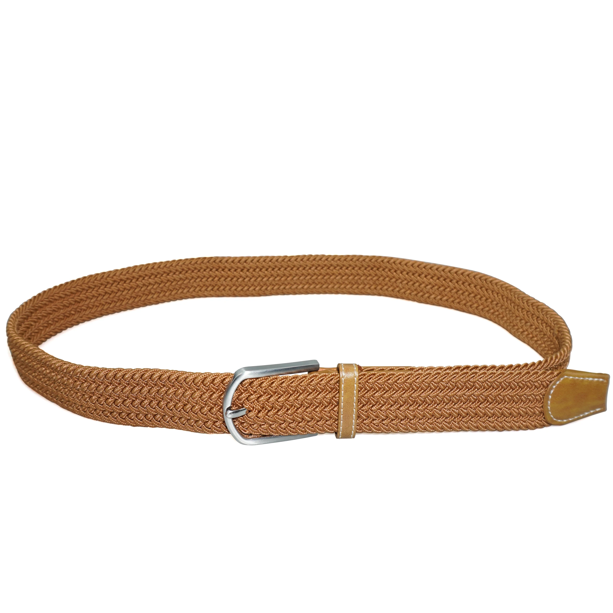 New style custom solid color woven stretching belts Casual knitted equestrian belt with Leather Tip and End