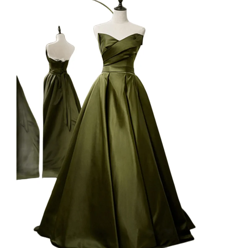 Wholesale Vintage Green Pleated Satin Off-shoulder Evening Party Dress Sleeveless Prom Gown Vestidos De Festa for Women 2023